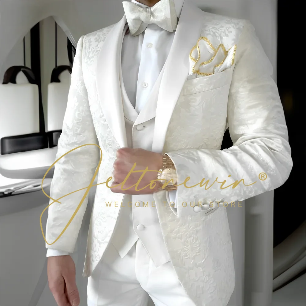 Formal Mens Wedding Suits Green Jacquard White Shawl Lapel Tuxedos Groom Terno Suits for Men Groomsmen (Jacket+Vest+Pants)