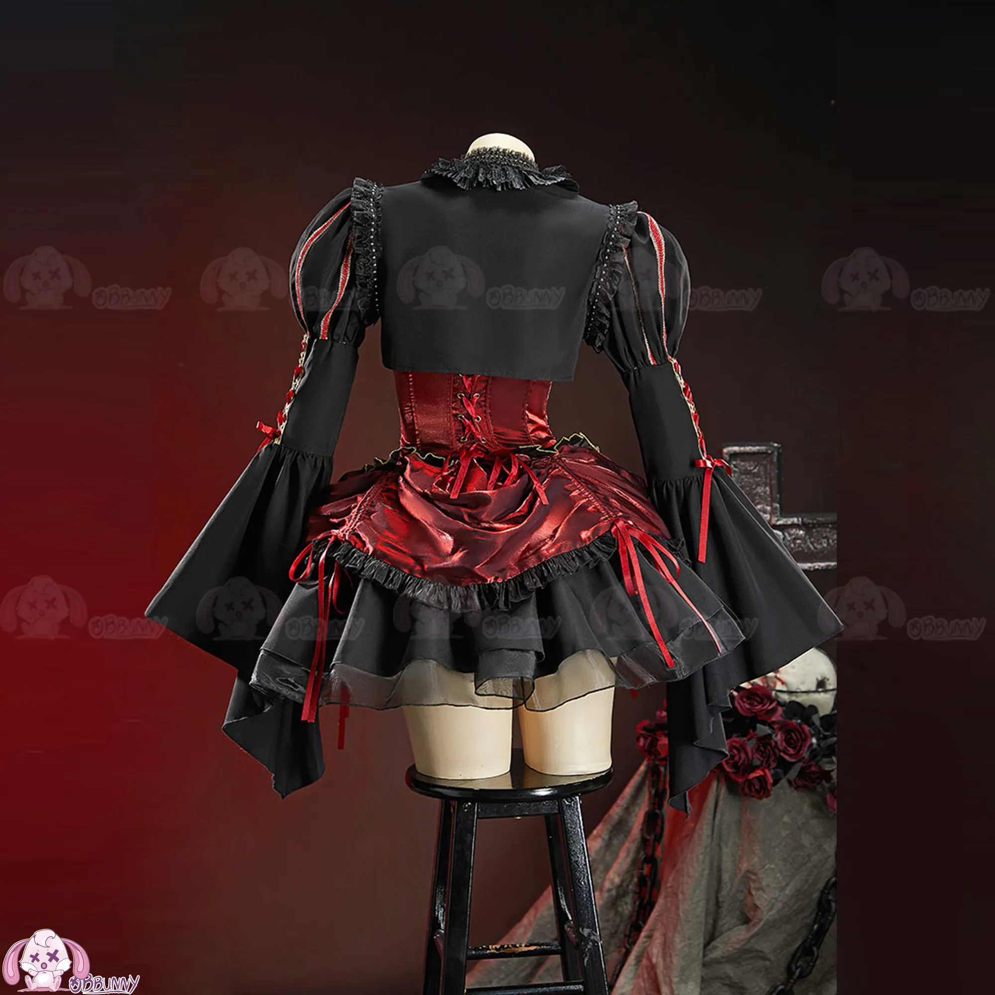 Queen of Hearts Gothic Lolita Dress Black Red Rococo Court Style Corset Costume for Halloween view 4