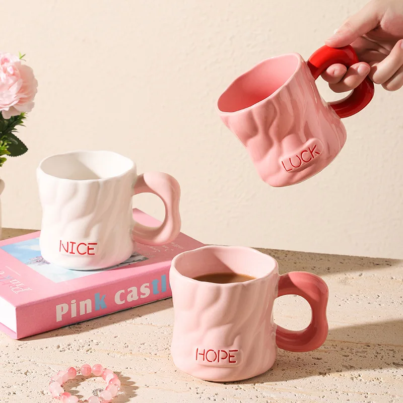 430ml Ceramic Wavy Cup Home Breakfast Oat Milk Mug Delicate Ceramic Water Cup for Girls Afternoon Tea Flower Tea Coffee Mug Gift