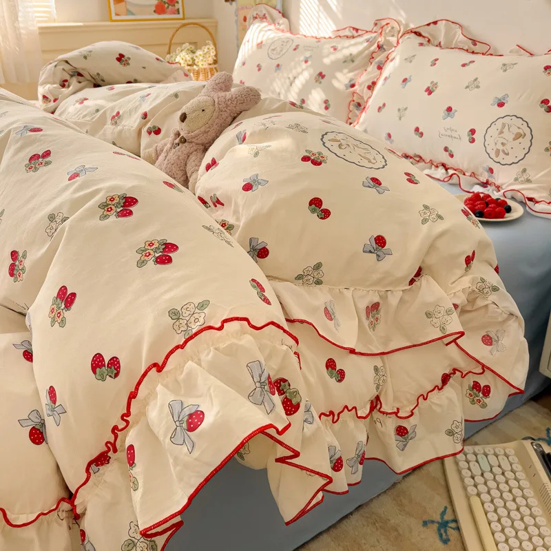 3/4Pcs Bedding Set Cotton Duvet Cover Full Size Bed Sheets Bed Cute Core Swice Couple Quilt Duvet Pillowcase Ruffle Bedding