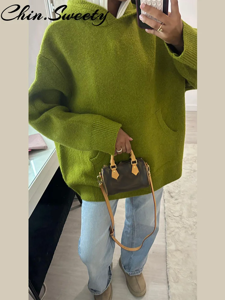 Lazy Knitted Hoodies Women Sweater Fashion Pocket Long Sleeve Thicken Female Knitwear 2026 Spring Autumn Loose Lady Outwears