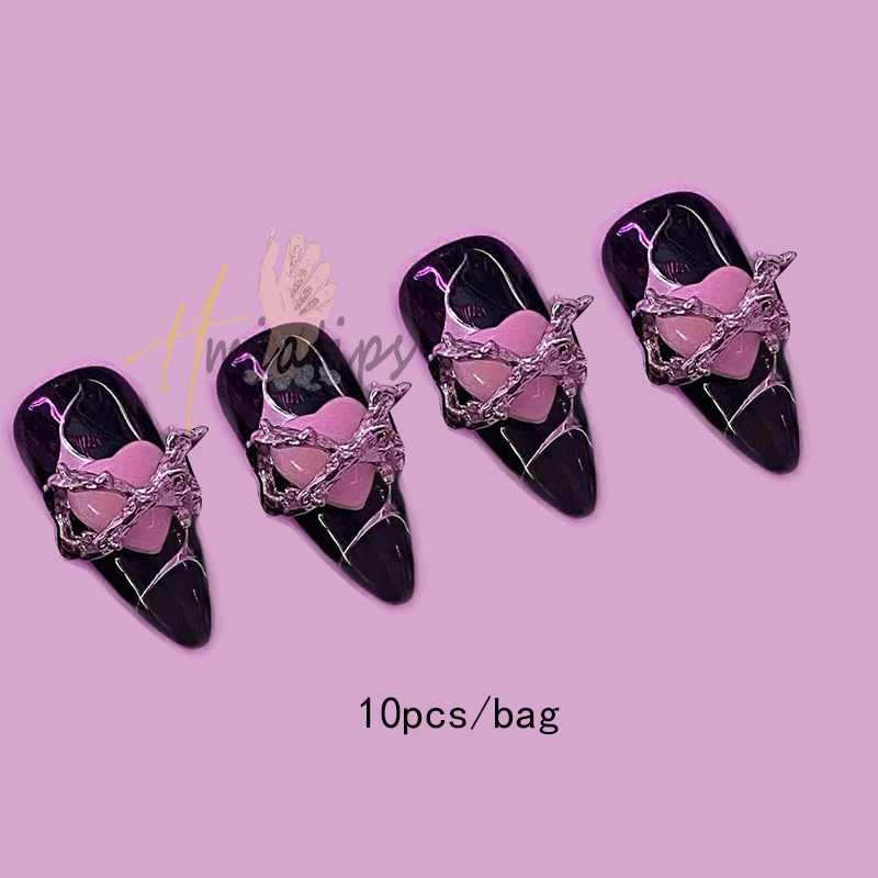 10Pcs Punk Style Pink Heart Nail Charms Black Heart Shape Punk Style Manicure DIY Acrylic Nail Jewelry Manicure Decoration