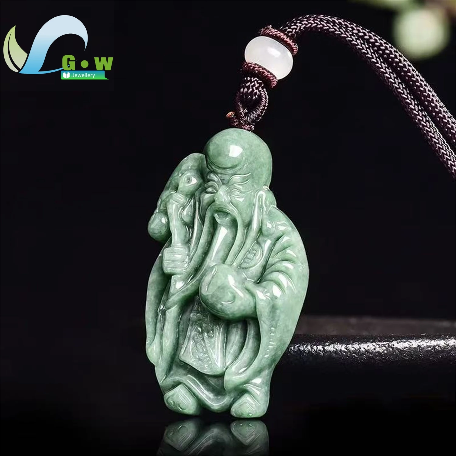 Natural Grade A Jadeite Bean Green Ice Type Longevity God Pendant Hanging Jade Amulet Necklace Men Carved Gemstone Jewelry