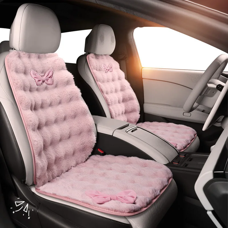 Women's Plush Car Seat Cover Bowknot Cute Girl Winter Warm Car Cushion Bow Headrest Waist Pillow Auto Interior Accessories