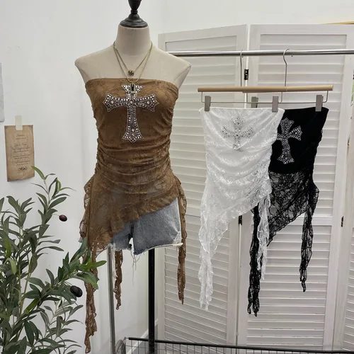 Imagen 2 del producto Top de tubo de encaje con cinta con volantes y teñido anudado para mujer, Top de tubo sin mangas Irregular, chaleco Sexy sin espalda para fiesta, ocio esencial Y2K 9956