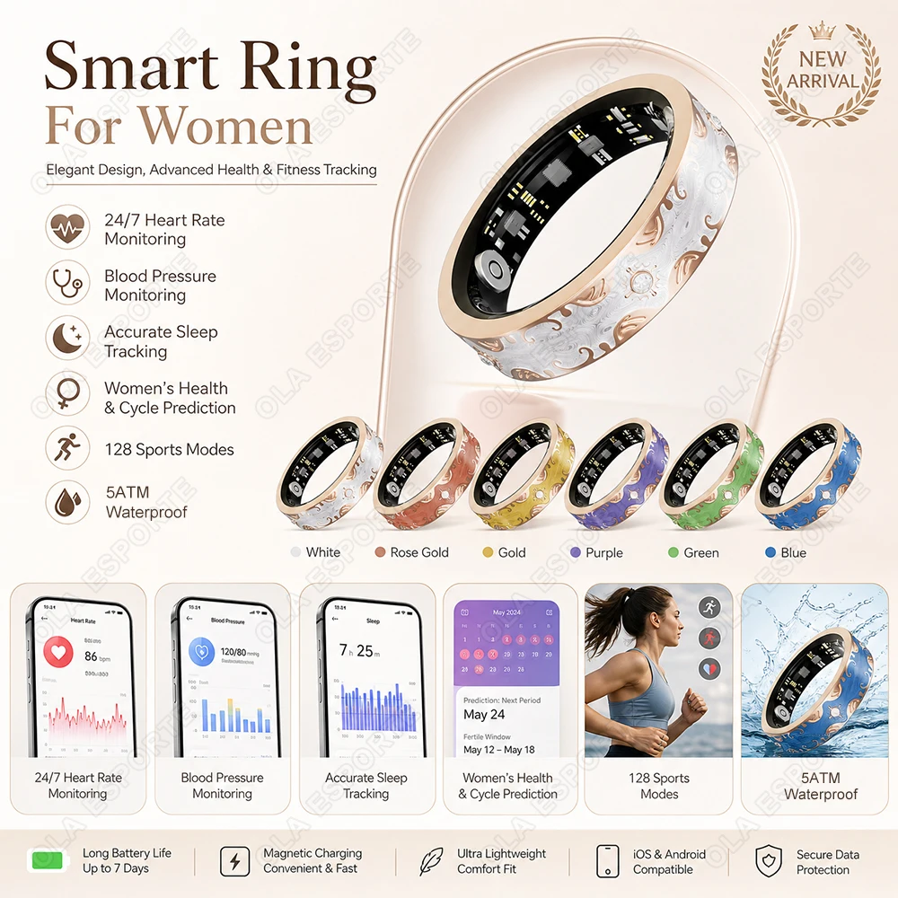 Ladies Smart Ring Heart Rate Blood Oxygen Deep Sleep Monitoring 128 Sports Modes Physiological Cycle Prediction Fashion Ring R12
