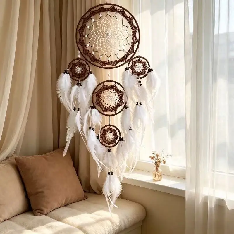 Bohemian Style Hand‑Woven Dream Catcher Multiple Circles Feather Wall Decor Home Bedroom Living Room Hanging Decoration Gift.