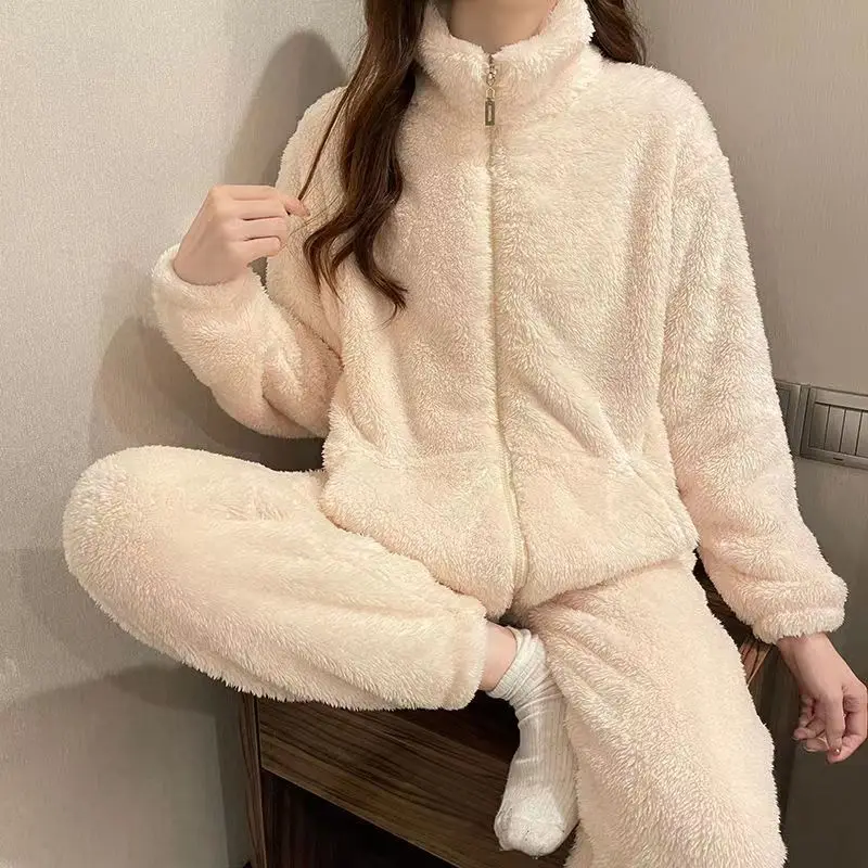 Winter Women\'s Simple Solid Fleece Thick Lounge Sleepwear Set Long Sleeve Zipper High Neck Tops With Pockets And Pants Pijamas