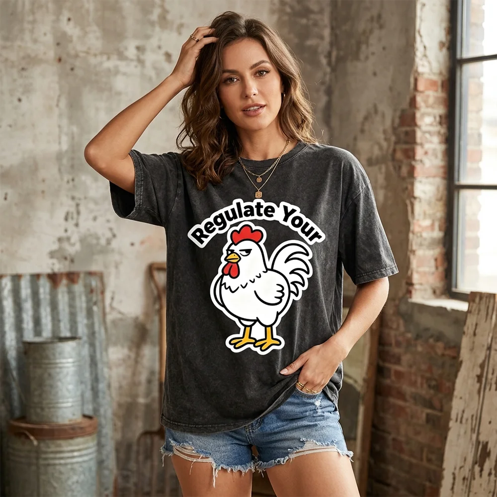 Women Regulate Your  T Shirt Dark Grey Acid Wash Funny Cartoon Rooster Graphic Tee Vintage Streetwear Summer Top