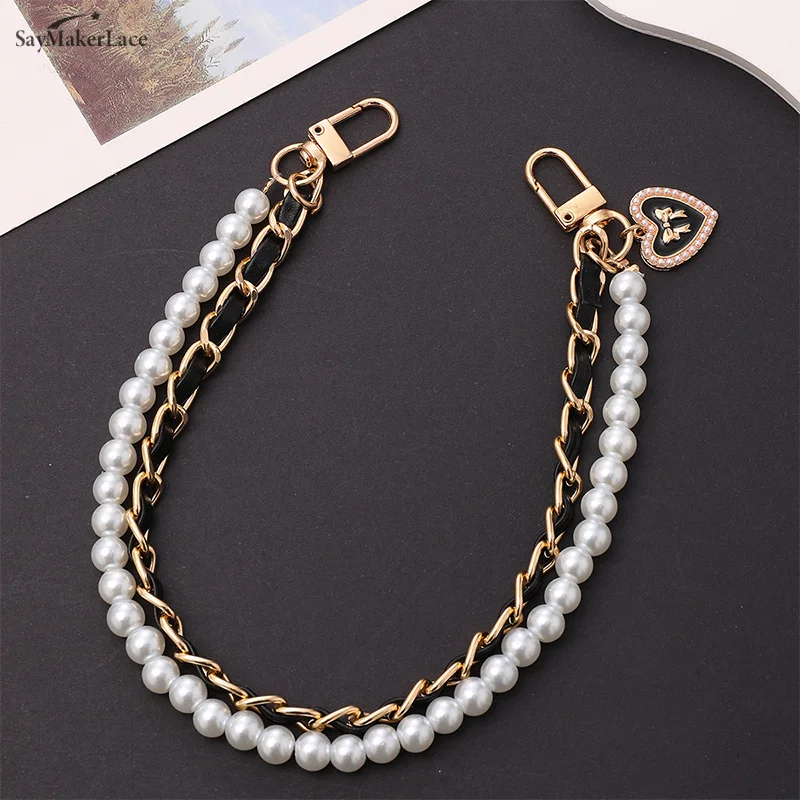 

Leather Double Chain Pearl Bow Mobile Phone Chain Anti-Lost Phone Lanyard Keychain Anti-fall Water Cup Pendant Camera Wristband