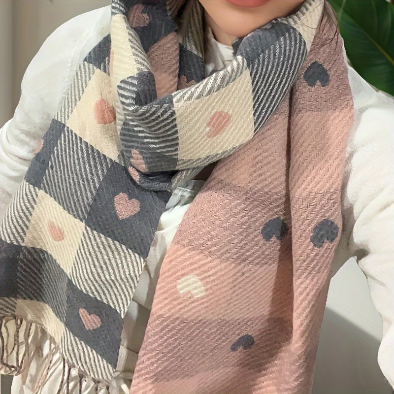 A Women's Fashionable Scarf with A Heart-shaped Pattern. The Christmas Scarf Is Warm and Windproof