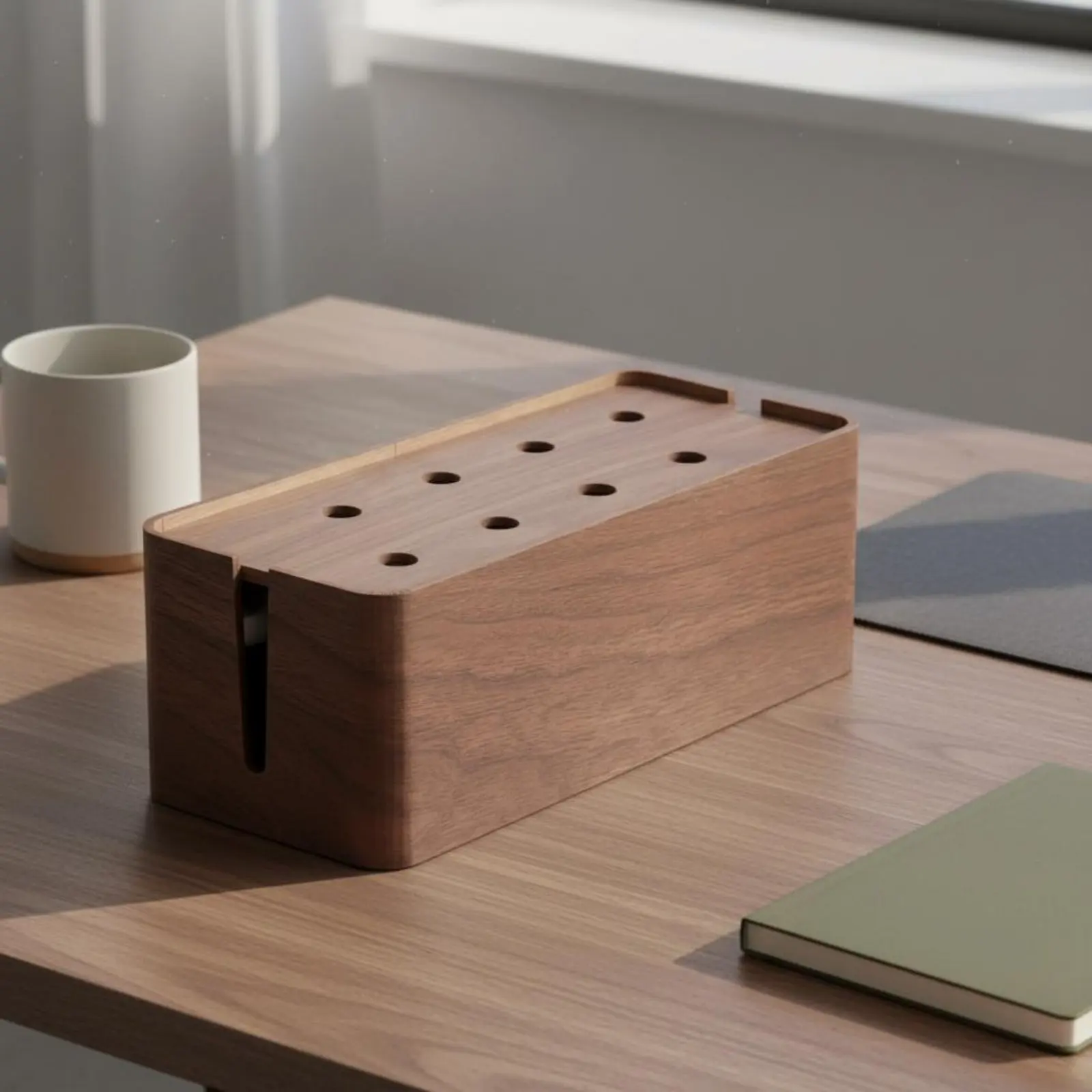 Power Strip Box Walnut Finish Desktop Cable Organizer Wood Cable Box Good Heat Dissipation Desk Cord Organizer for Study Room