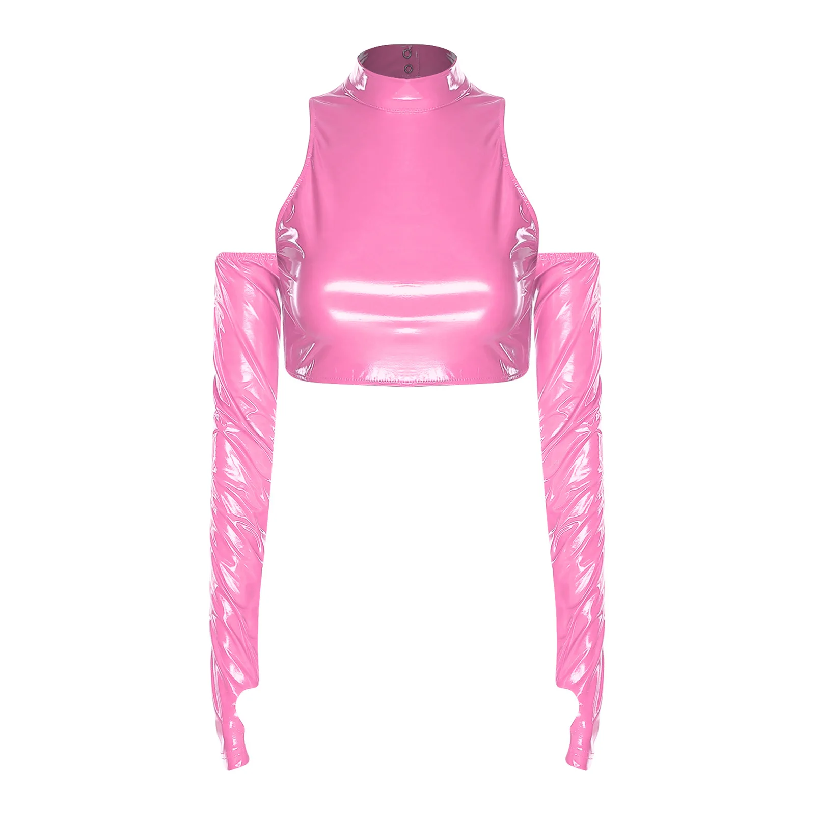 Top corto da donna senza schienale in PU lucido con spalle scoperte T-shirt in pelle a maniche lunghe Top Clubwear per festival di musica da ballo rave party