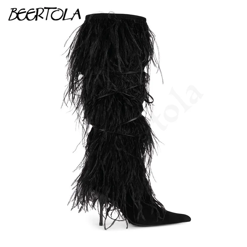 Fluffy Fur Catwalk Boots Pointed Toe Stiletto Sleeve Large Size Knee-High Boots Fashionable Personality Banquet Women's Boots