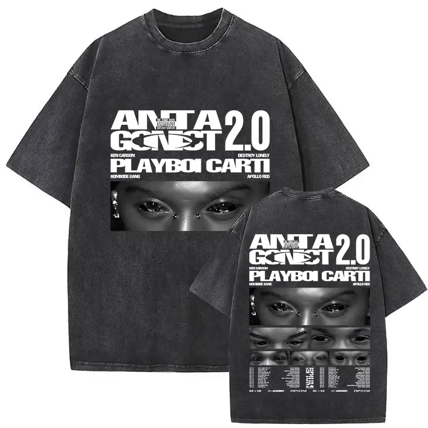 Rapper PLAYBOI CARTI ANTAGONIST Tour 2025 Merch T-Shirt Men's Gothic Hip Hop Short Sleeve T Shirt Vintage Washed Tees Streetwear