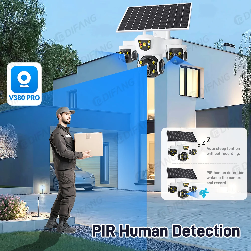 DIFANG Wireless WiFi Solar Camera Three Screen 4G Sim Card Solar CCTV Three Lens Waterproof V380 Pro Solar Video Surveillance