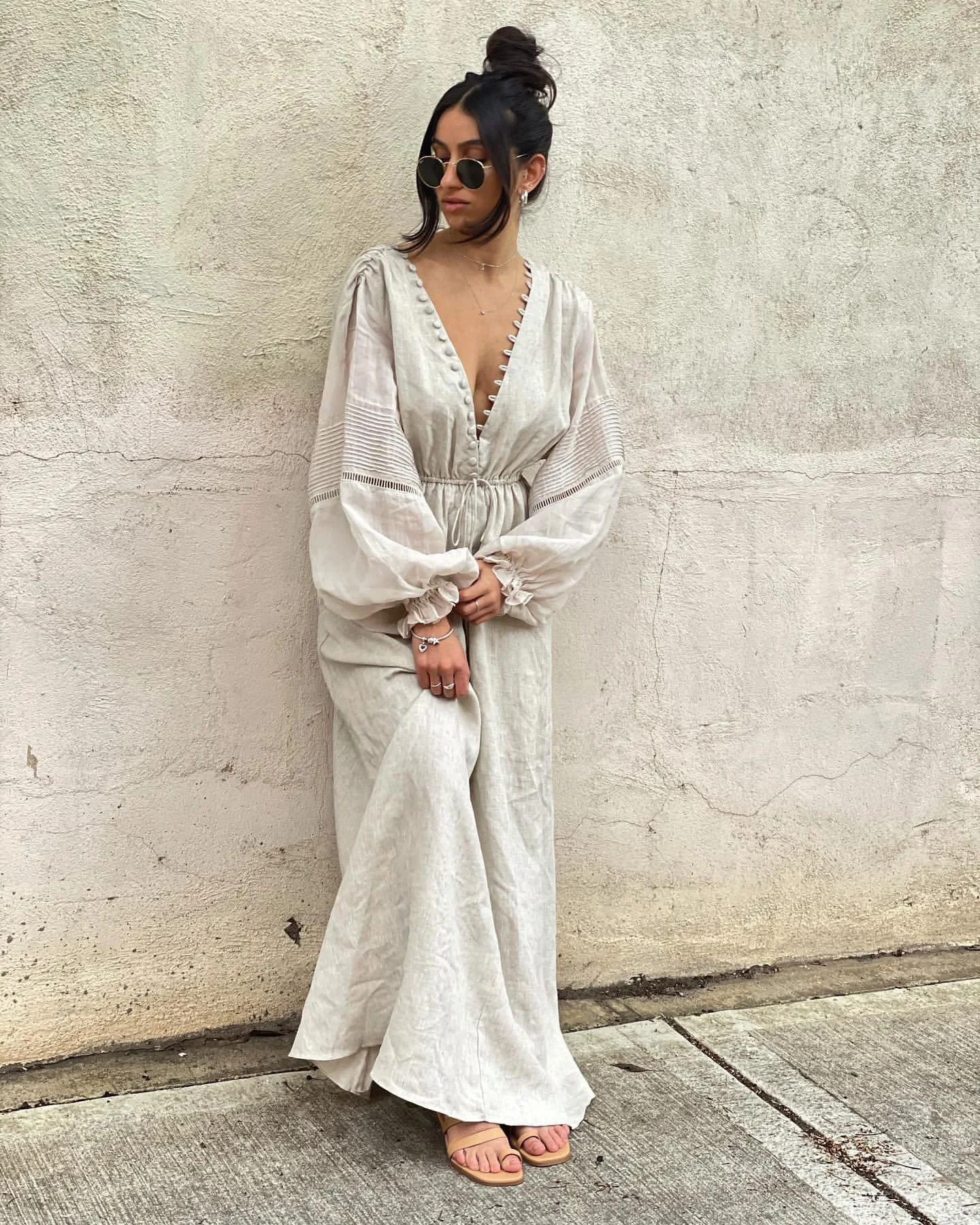 Women Deep V Neck Linen Venus Goddess Maxi Long Dress Lantern Sleeve Backless Bandage Fitted Waist Holiday Bohemia Ladies Dress