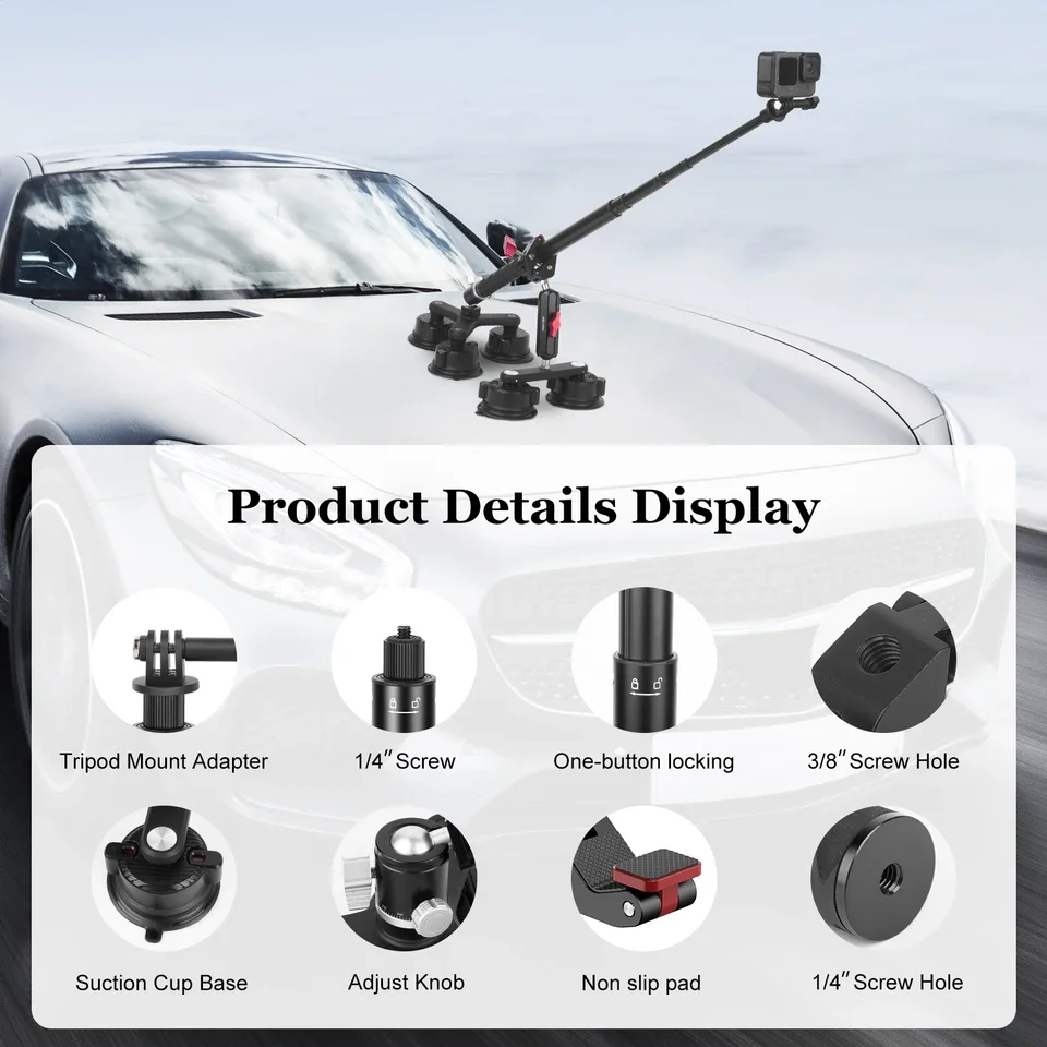 Multi-functional 5 Suction Cups Car Camera Mount With 1.5m Extention Rod Kit for Insta360 DJ Action Camera