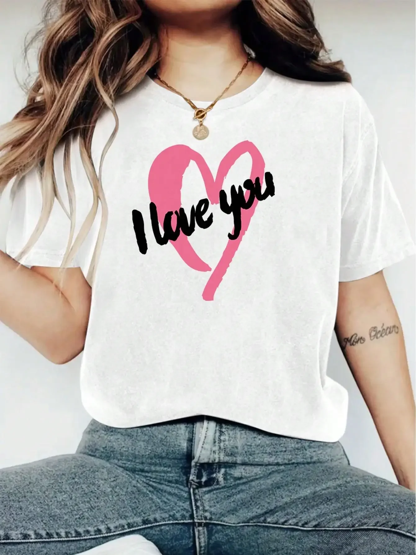 Neck Lightweight & Breathable Spring Summer Wardrobe Valentine's Women's Fashionable Print Casual Sleeve Crew Harajuku Tops Tees
