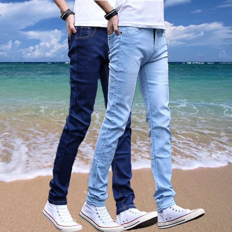 

Light Wash Elastic Waist Slim Fit Jeans Men's Korean Style Casual Trendy Small Leggings Summer Leisure Youthful Style