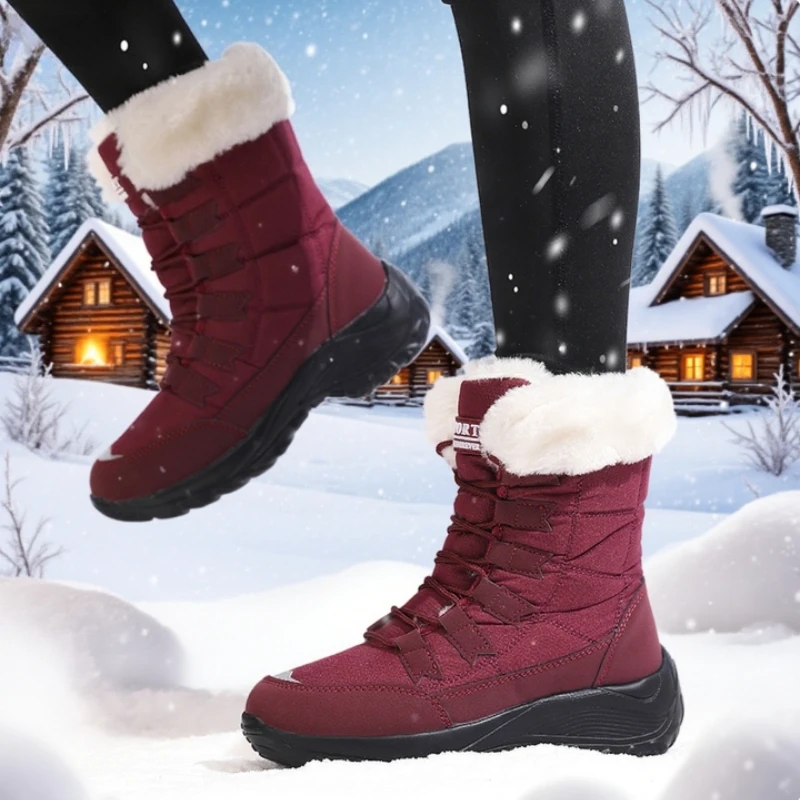 Botas de nieve antideslizantes de alta calidad para mujer, botas de plataforma cómodas para mantener el calor, cuñas impermeables, botas altas hasta el muslo de felpa 2025