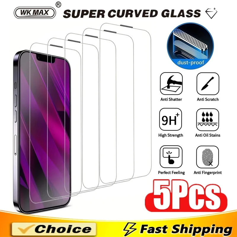 

5Pcs Dust Proof HD Tempered Glass For iPhone 15 14 13 12 11 16 Pro Max Full Cover Screen Protector For iPhone 17 PRO XR X XS MAX