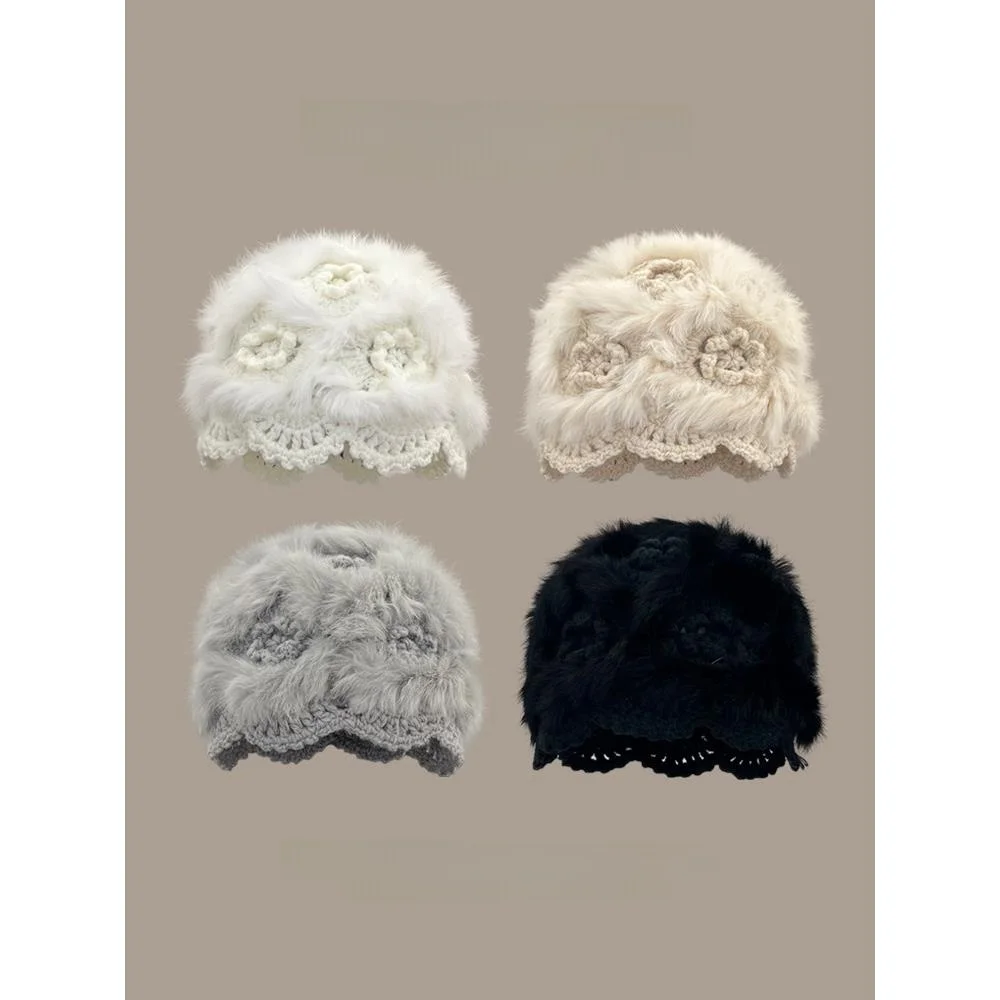 handmade-rabbit-fur-hat-women's-fashionable-winter-floral-knitted-cap-warm-casual-universal-size-spring-sweet-cute-style