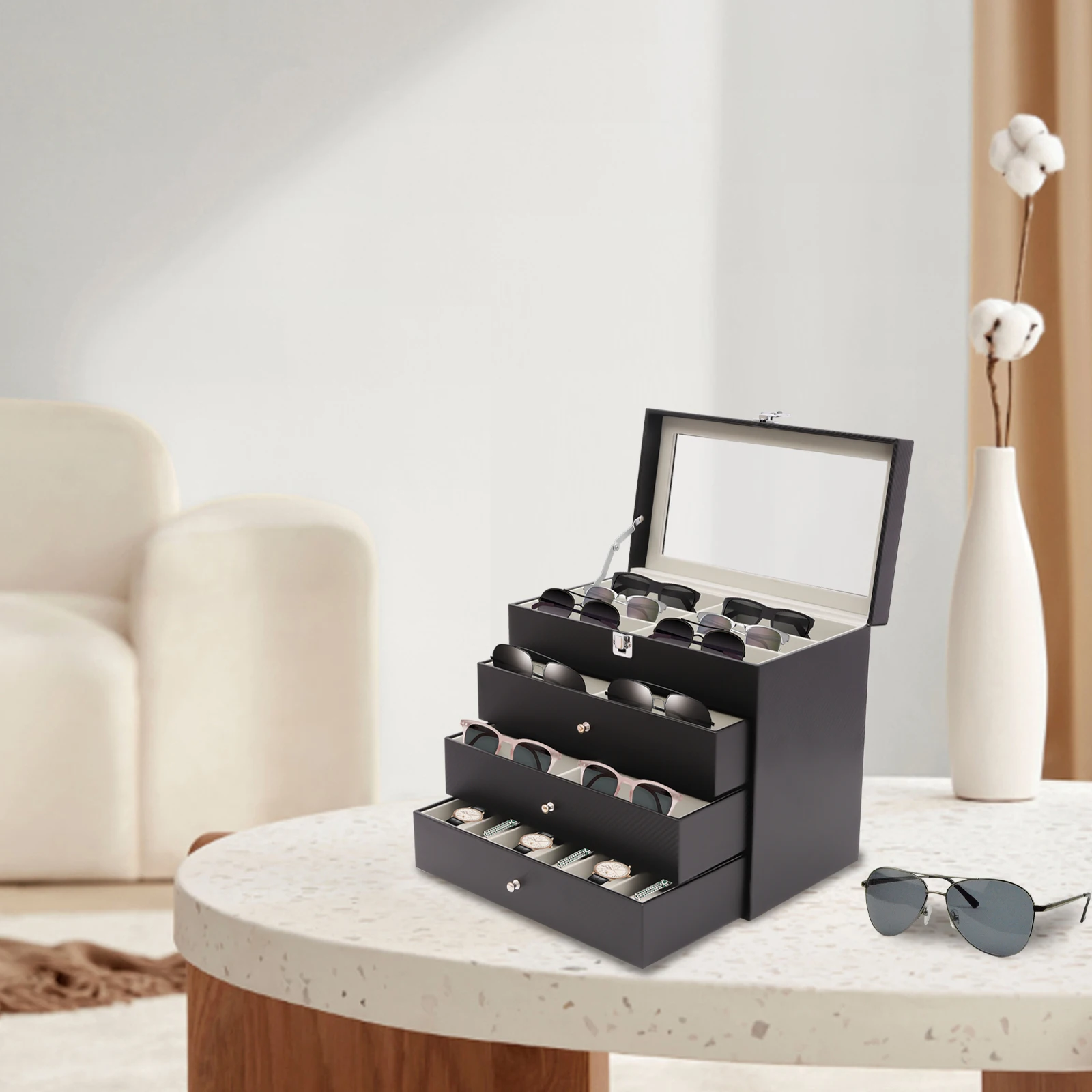 حقيبة تخزين للنظارات والنظارات الشمسية باللون الأسود قابلة للقفل، منظم عرض على شكل درج، لمجموعة النظارات المنزلية/المتجر البصري #4