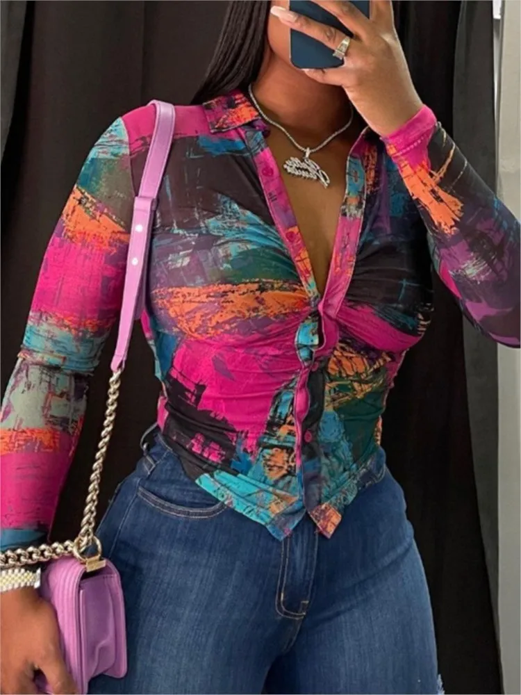 

Spring Summer Women's New Fashionable Color Printed Long Sleeved Single Breasted Sexy Deep V Spicy Girl Top