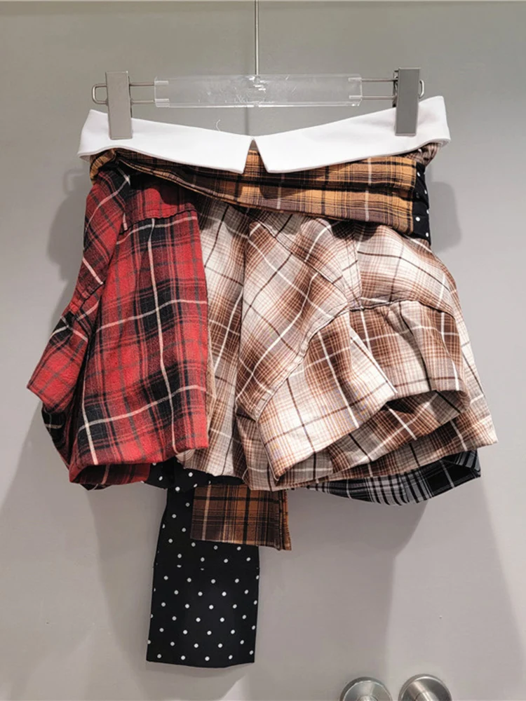 DEAT Fashion Women Irregular Contrast Color Plaid Bandage Mini Skirts 2024 Summer Trendy High Waist A-line Skirt Female 33A1623