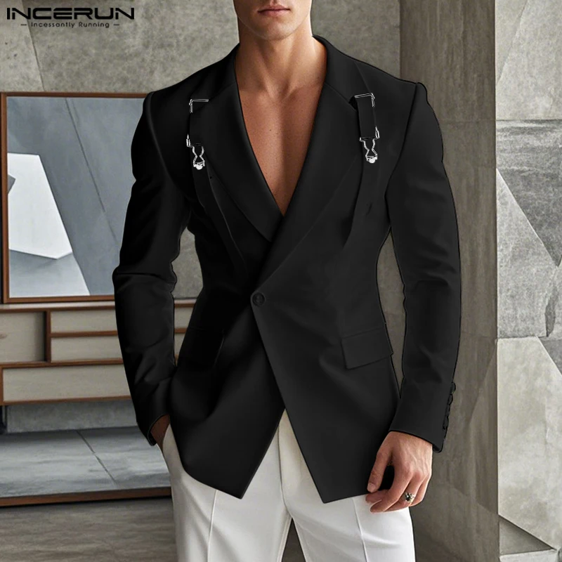 Fashion Well Fitting Tops INCERUN New Men's Deconstruct Metal Buckle Suit Coat Casual Streetwear Male Solid Long Sleeved Blazer