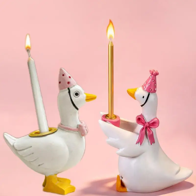 Cute Gooses Candle Holders Gooses Figurine With Pink Party Hat Design Perfect For Birthday Party Desktop Decor And Holiday Gifts