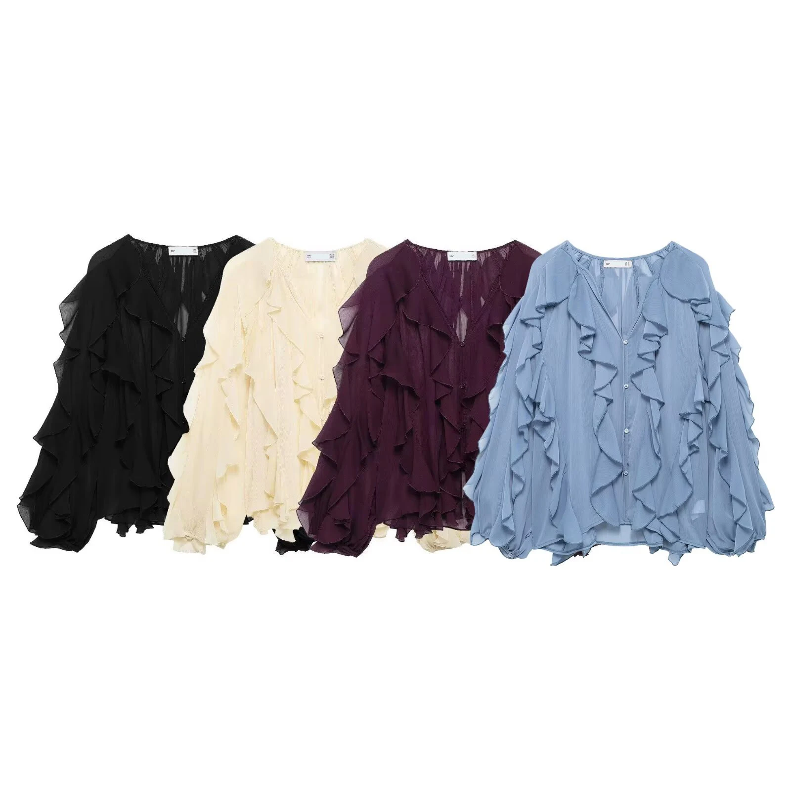 

Lace Mesh Patchwork Ruffles Chiffon Blouses Women Elegant V Neck Lantern Long Sleeve Shirt 2025 Summer Fashion Oversized Tops