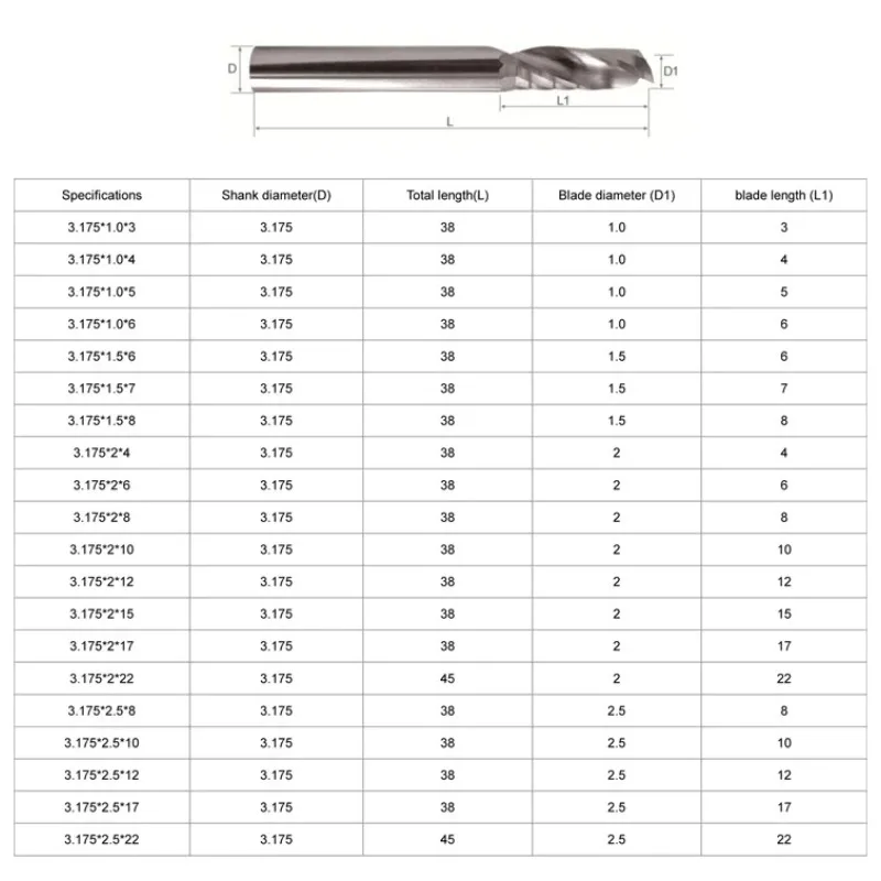 10pieces/Lot 2A  MDF Milling Cutter Wood Working Tools Quality Single Flute Spiral Cutter Carbide Router Bit for Acrylic PVC