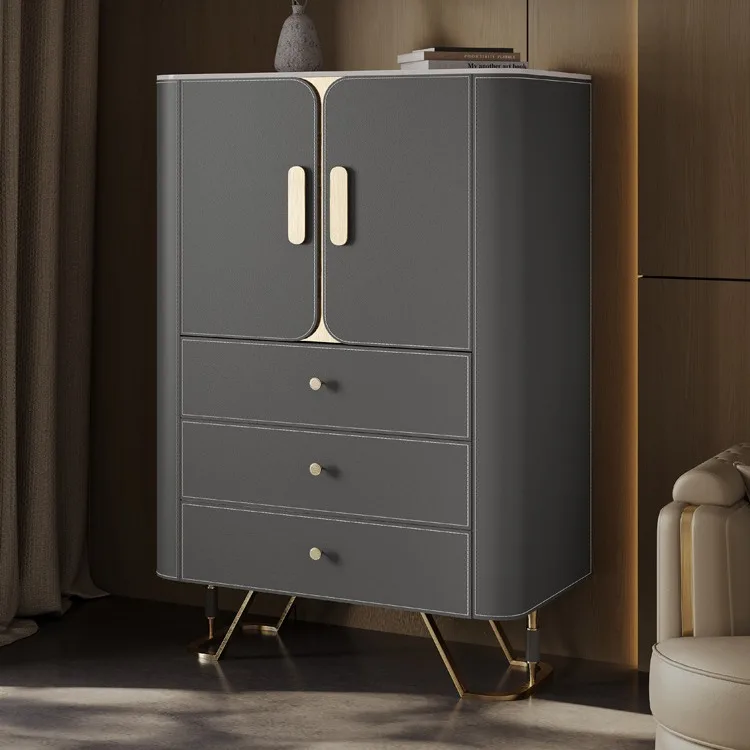 Light luxury sofa side side cabinet simple modern home living room rock slab saddle leather locker