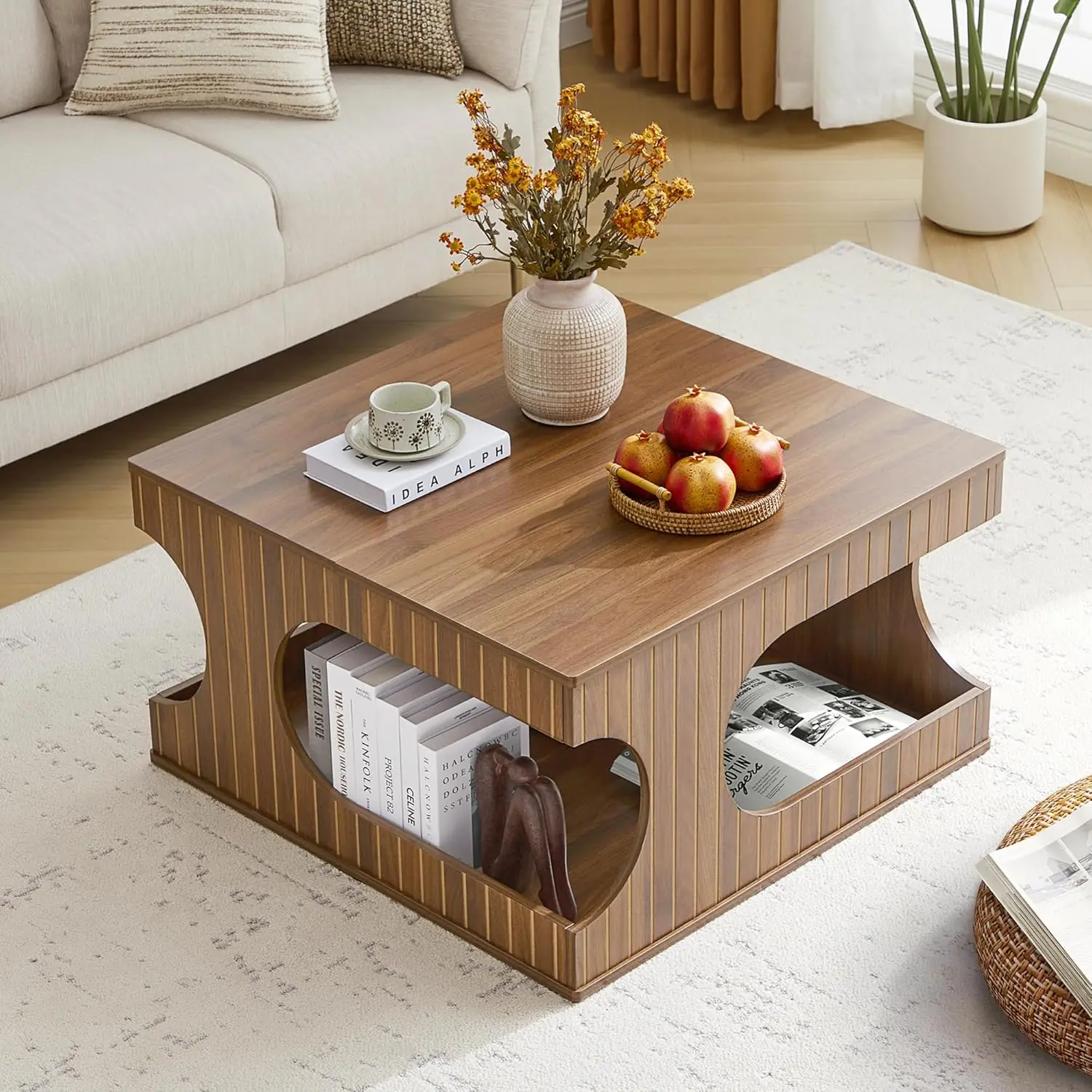 

31.5" Square Coffee Table Storage Mid-Century Arched Cutouts 2-Tier Living Room Cat Base Walnut Customized