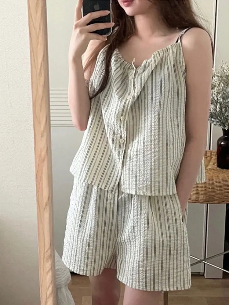 Summer Casual Cotton Linen Striped Crop Top And orts Pajama Set Women's Spwear V-ne Button Decoration Thin Fabric