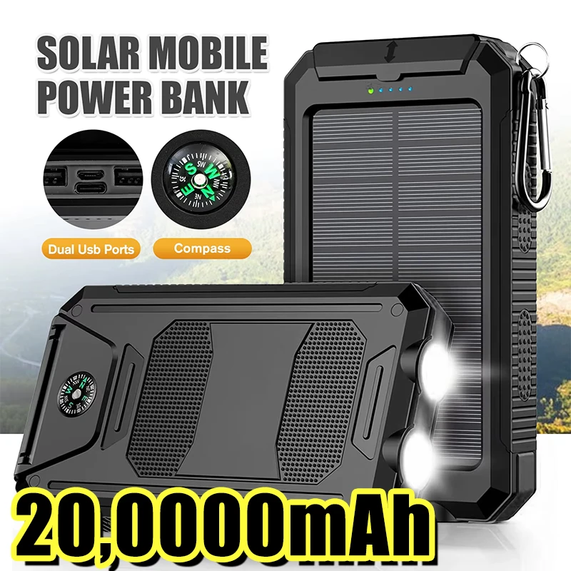 بنك طاقة يعمل بالطاقة الشمسية بقدرة 200000 مللي أمبير في الساعة، محمول مقاوم للماء في الهواء الطلق، منافذ USB مزدوجة، شحن سريع، مصباح LED لهاتف iPhone Tablet وAndroid