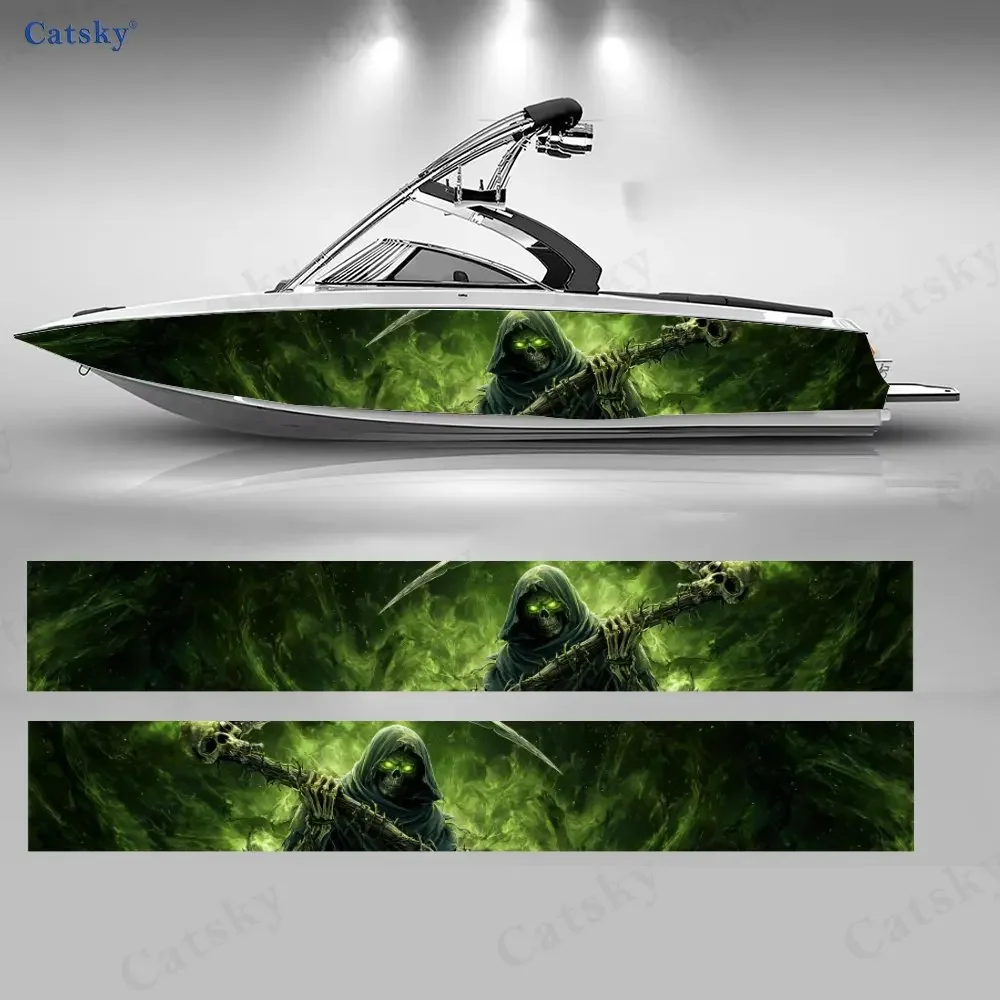 2Pc Nether Flame Grim Reaper Boat Sticker, PVC Waterproof Durable Vinyl Wrap Decals for Fishing Boat, Durable and Stylish Design