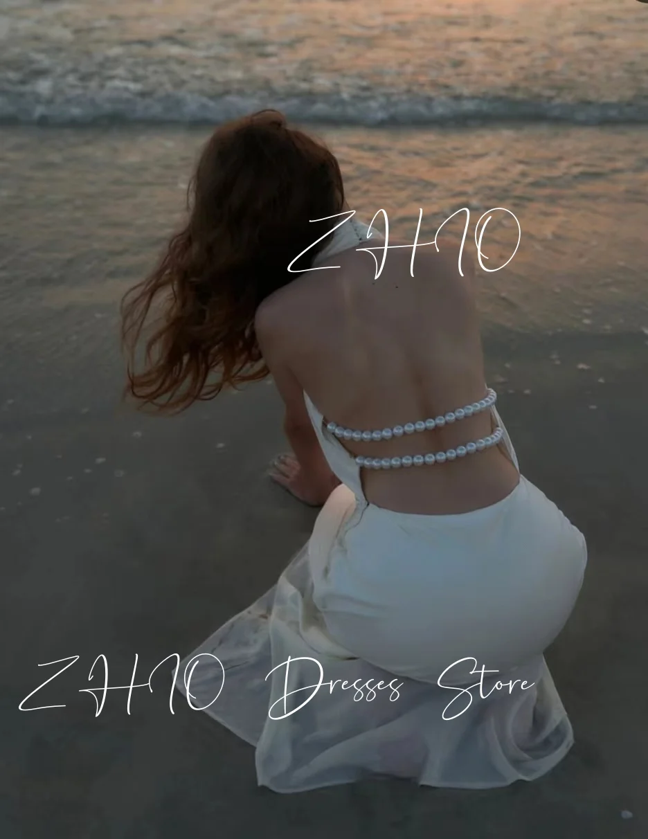 ZHIO elegante vestido de noche con espalda descubierta y perlas Halter sin mangas satén marfil ocasión especial fiesta de cumpleaños vestido de playa personalizado