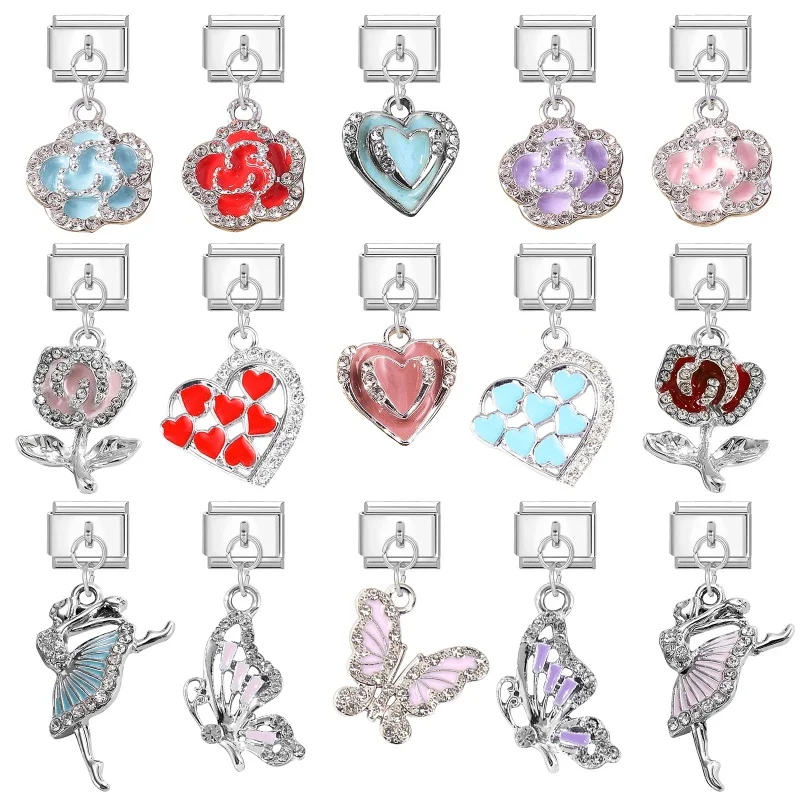 

Shiny Zircon Purple Butterfly Heart Rose Pendant Italian Charm Links Fit 9mm Stainless Steel Bracelet Women DIY Making Gifts