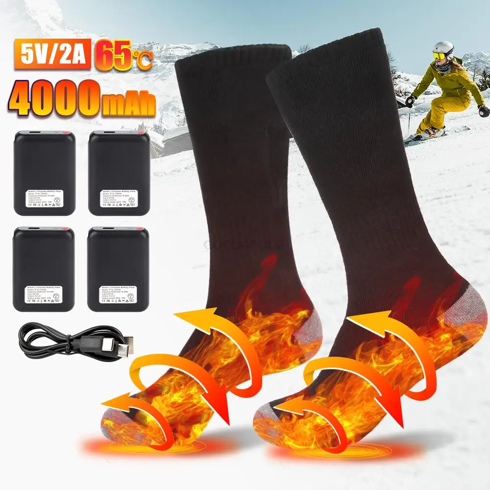 Heiz socken Winter reine Baumwolle elektrische 4000mah Heiz socken Männer Frauen Sport Aufladen halten warme Füße Ski socke