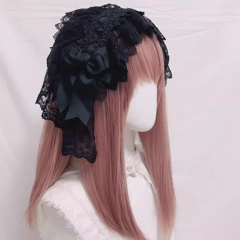 IMU Handmade Gothic Retro Lolita Headband Dark Black Veil Vintage Elegant Bow JK Lolita Daily  Collocation Women Headwear