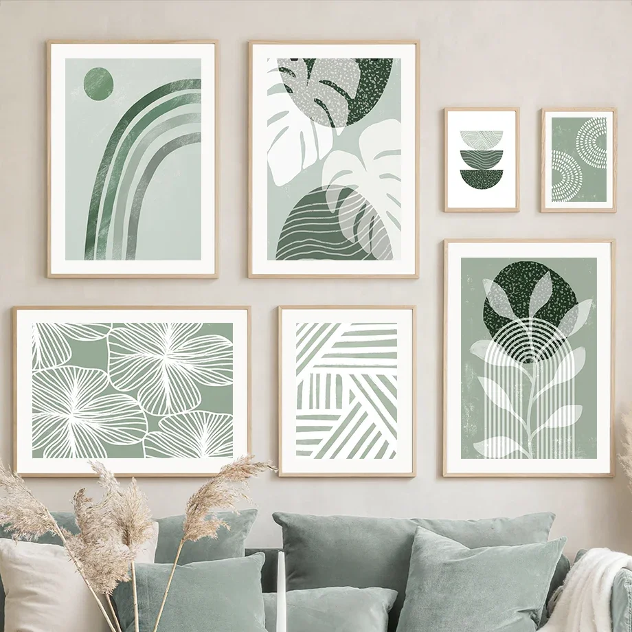 Green Monstera Leaves Flower Geometry Abstract Nordic Posters And Prints Wall Art Canvas Painting Pictures For Living Room Decor