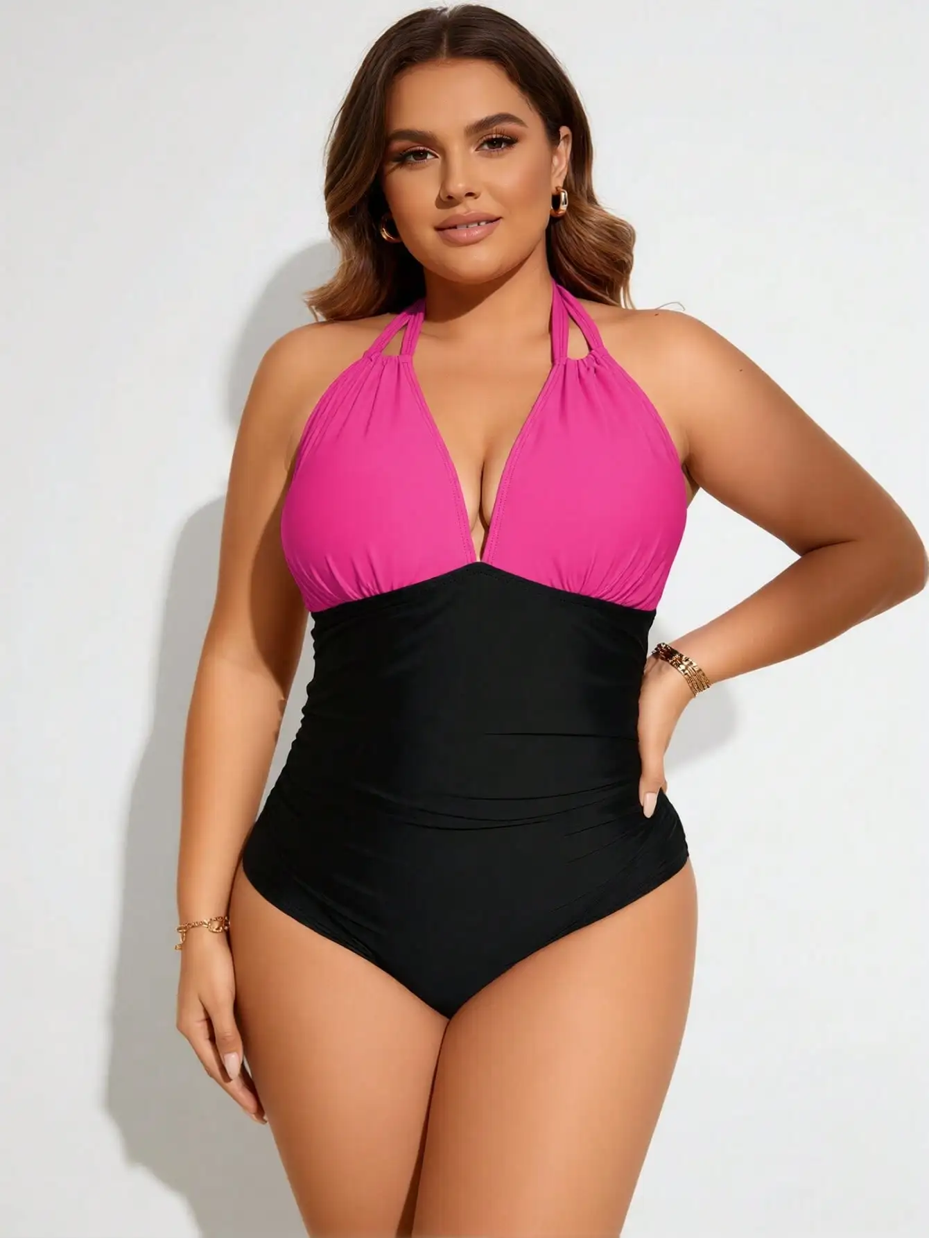 2026 New Plus Size Women's Hot Pink & Black Halter Ruched One-Piece Swimsuit Tummy Control For Vacation