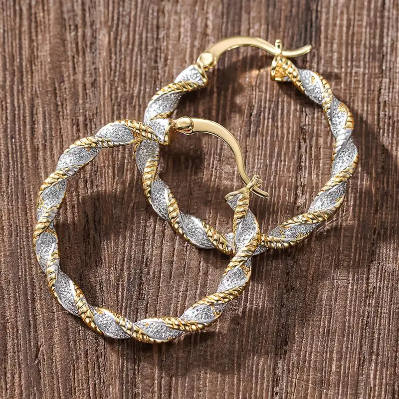 Huitan Two Tone Twisty Women Hoop Earrings Fashion Wedding Party Accessories Versatile Luxury Circle Lady Jewelry with Shiny CZ