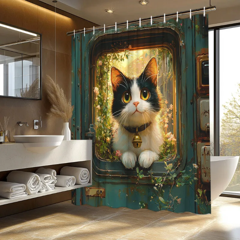 แมวที่มีเสน่ห์ในม่านอาบน้ํากันน้ําประตูวินเทจ - ดีไซน์ลายดอกไม้แสนสบาย ทําความสะอาดง่าย ผ้าทนทานสําหรับการตกแต่งห้องน้ํา