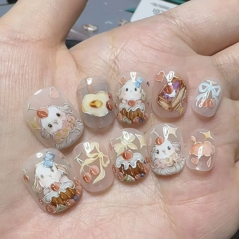

24Pcs Fake Nails Cute Cake Rabbit Design for Girls Adorable Autumn/Winter Style with Dots Press-On Nails Perfect Gift for Girls