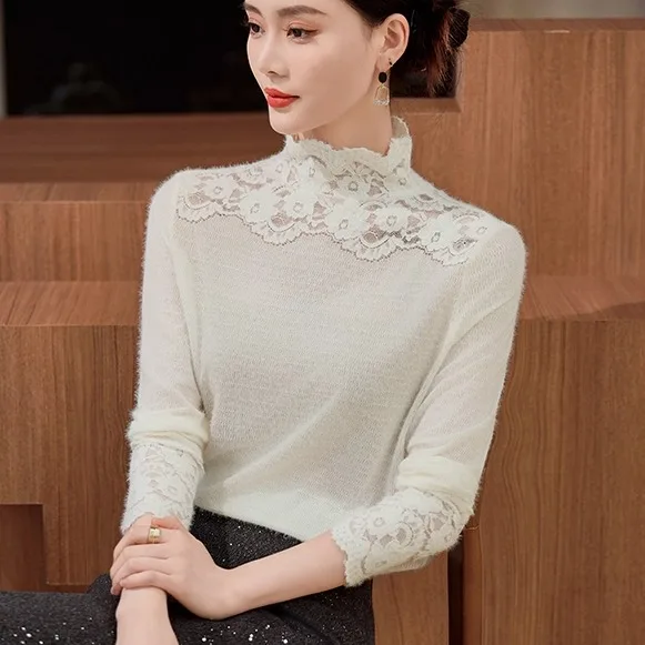 

Женская вязаная базовая кофта с кружевной отделкой и полувысоким воротником, прямого кроя, с длинным рукавом, для весны, осени и зимы