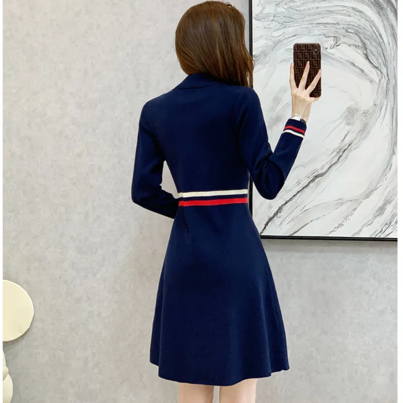 #0983 Navy Blue Sweater Dress Women Polo Collar Buttons Office Knitwear Mini Dress Female Slim Sexy A-line Short Knitted Autumn